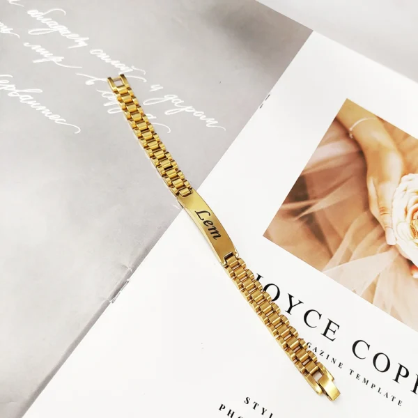 Fashion Customized Engrave Name Metal Bracelet With Watch Chain Stainless Steel Gold Plate Bracelet Men And Women Jewelry Gifts - Image 3