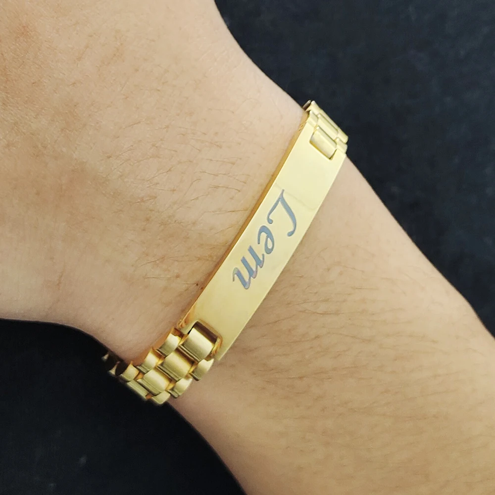 Fashion Customized Engrave Name Metal Bracelet With Watch Chain Stainless Steel Gold Plate Bracelet Men And Women Jewelry Gifts