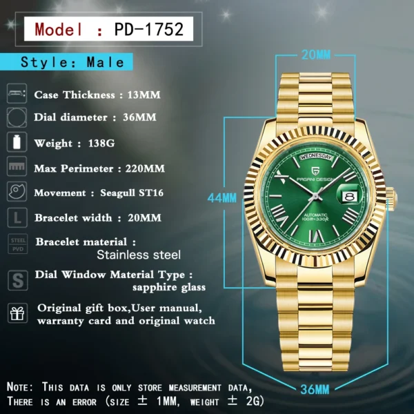 PAGANI DESIGN DD36 Gold Green V2 Men's Mechanical Watches Luxury Automatic Watch For Men 2024 New AR Sapphire glass Wrist watch - Image 6