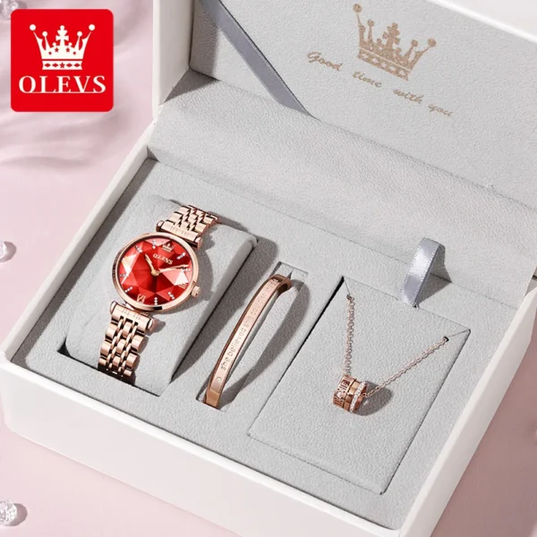 OLEVS 6642 Women Watch Luxury Rose Gold Diamond Watch Waterproof Watch Elegant Luxury Rhombus Glass Women Watch Bracelet Set - Image 11