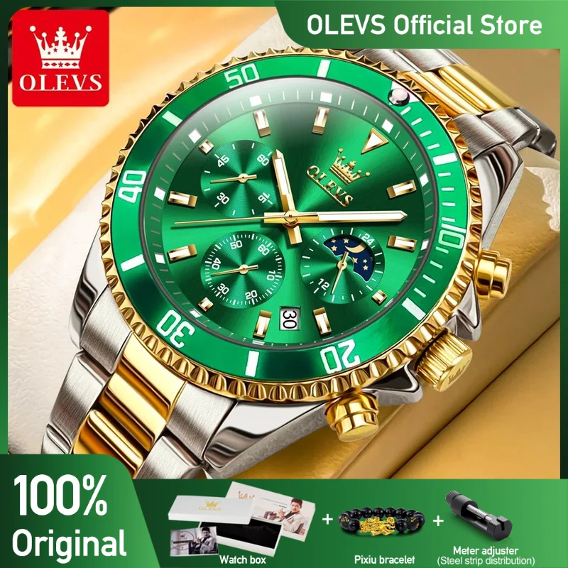 OLEVS Men’s Watches Top Brand Luxury Watch for Men Original Waterproof Stainless Steel Chronograph Moon Phase Date Rota Dial