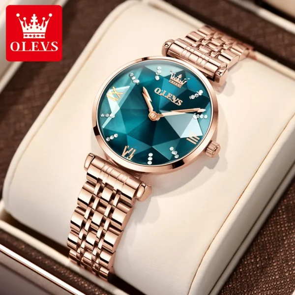 OLEVS 6642 Women Watch Luxury Rose Gold Diamond Watch Waterproof Watch Elegant Luxury Rhombus Glass Women Watch Bracelet Set - Image 8
