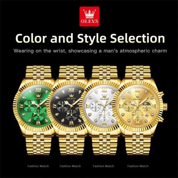 OLEVS Brand Luxury Original Men's Watches Waterproof Moon Phase Quartz Watch Luminous Gold Stainless Steel Strap Male Wristwatch - Image 6