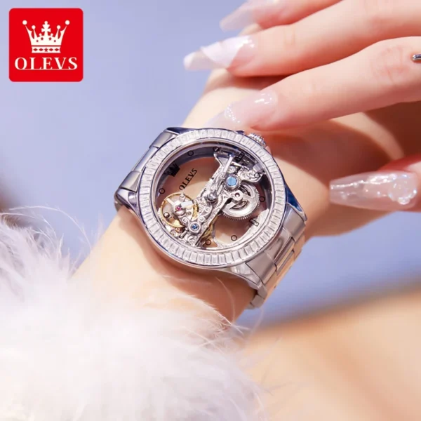 OLEVS Fully Hollow Out Mechanical Watch for Women Luxury Fashion Diamond Lap Ladies Wristwatch Elegant Automatic Women's Watches - Image 2
