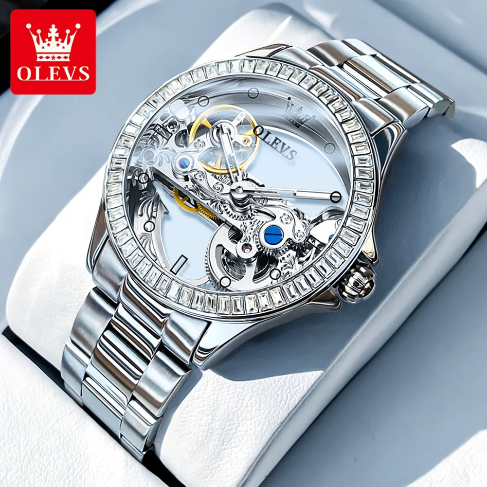 OLEVS Fully Hollow Out Mechanical Watch for Women Luxury Fashion Diamond Lap Ladies Wristwatch Elegant Automatic Women’s Watches