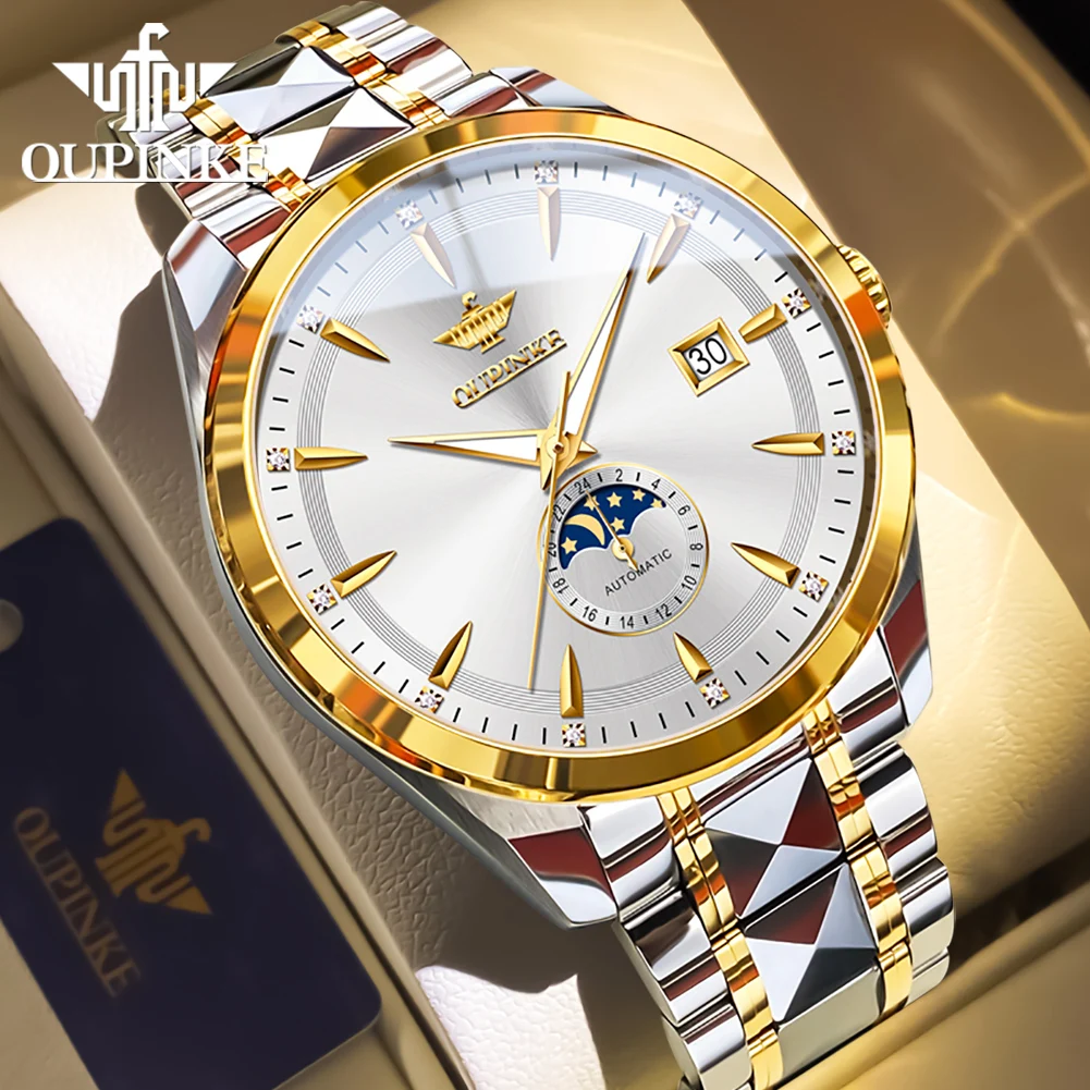 OUPINKE 3292 Moon Phase Luxury Original Men’s Watches Fully Automatic Mechanical Watch 50m Waterproof Sapphire Top Watch for Man