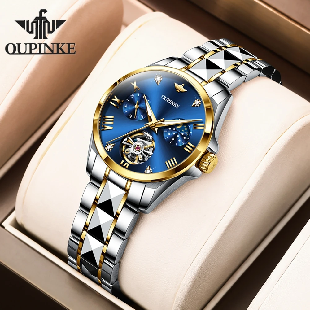OUPINKE Fashion Luxury Brand Women’s Watches Elegant Hollow out Moon Phase Automatic mechanical Watch Original Female Wristwatch