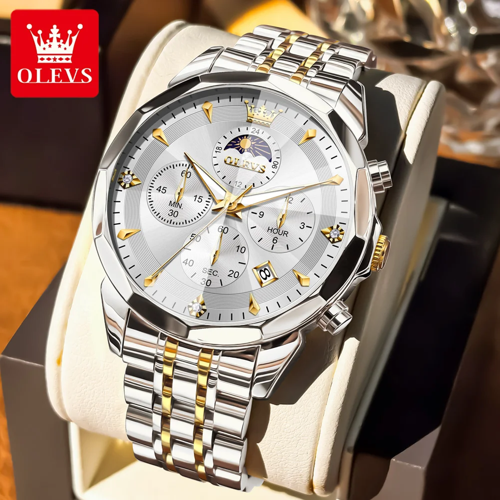 OLEVS 3673 Men Watch Original Quartz Watch Rhombus Mirror Automatic Date Waterproof Moonphase Chronograph Top Luxury Men Watch