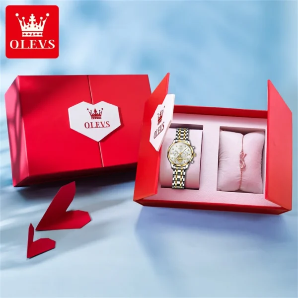 OLEVS Flywheel Skeleton Women Quartz Watch Stainless steel Chronograph Waterproof Luminous Ladies Bracelet Watch for Women Set - Image 9