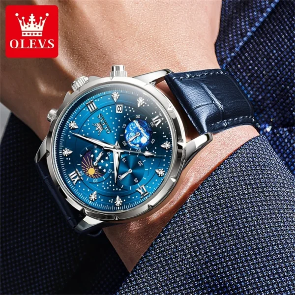 OLEVS Trend Men's Watches Moon Phase Luminous Starry Sky Dial Quartz Watch Waterproof Calendar Fashion Original Male Wristwatch - Image 3