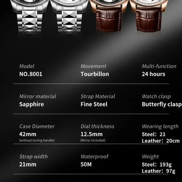 OUPINKE 8001 Tourbillon Men Automatic Mechanical Watch High end Moonphase Waterproof Luxury Sapphire Mirror Original Men Watch - Image 6