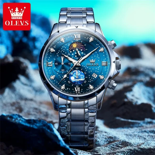 OLEVS Trend Men's Watches Moon Phase Luminous Starry Sky Dial Quartz Watch Waterproof Calendar Fashion Original Male Wristwatch - Image 4