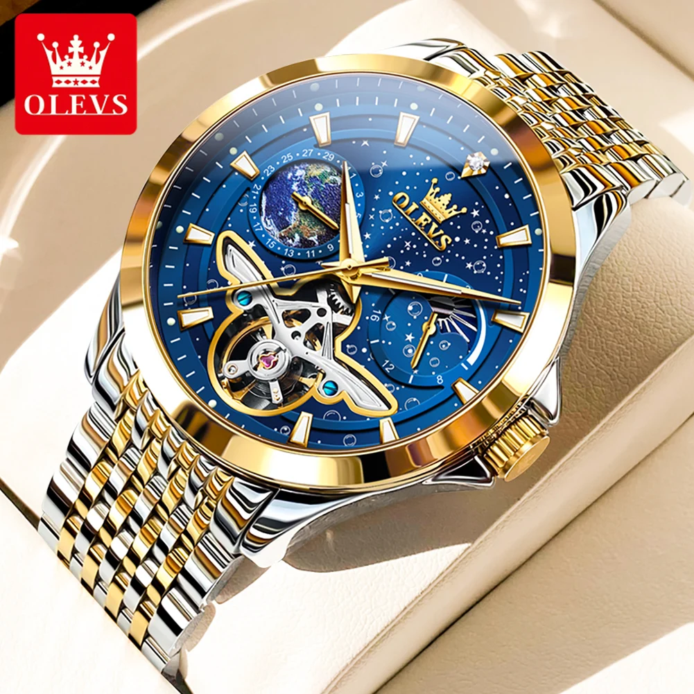 OLEVS Luxury Brand Men’s Watches Luminous Waterproof Fully Automatic Mechanical Watch Starry Sky Dial Moon Phase Hollow Out
