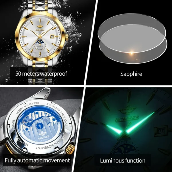 OUPINKE 3292 Moon Phase Luxury Original Men's Watches Fully Automatic Mechanical Watch 50m Waterproof Sapphire Top Watch for Man - Image 5