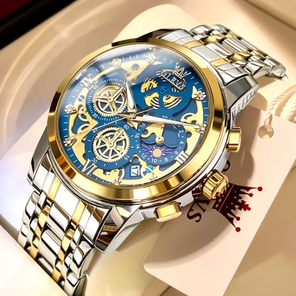 OLEVS Men's Watches Top Brand Luxury Original Waterproof Quartz Watch for Man Gold Skeleton Style 24 Hour Day Night New - Image 7