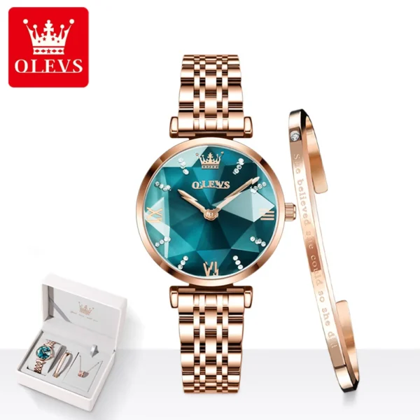 OLEVS 6642 Women Watch Luxury Rose Gold Diamond Watch Waterproof Watch Elegant Luxury Rhombus Glass Women Watch Bracelet Set