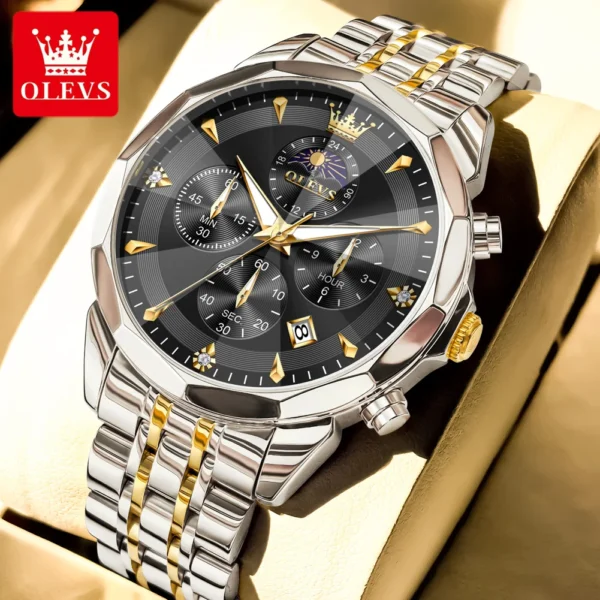 OLEVS 3673 Men Watch Original Quartz Watch Rhombus Mirror Automatic Date Waterproof Moonphase Chronograph Top Luxury Men Watch - Image 12