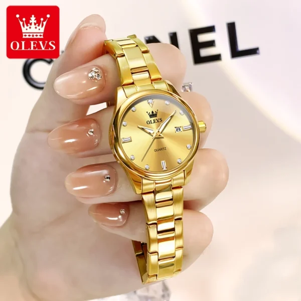 OLEVS Elegant  Fashion Brand Women's Watches Gold Waterproof cCalendar Quartz Watch for Lady Stainless Steel Original Wristwatch - Image 4