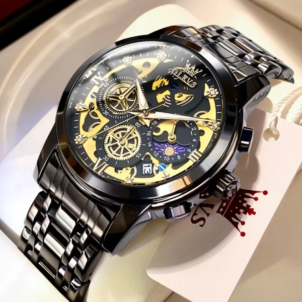 OLEVS Men's Watches Top Brand Luxury Original Waterproof Quartz Watch for Man Gold Skeleton Style 24 Hour Day Night New - Image 9