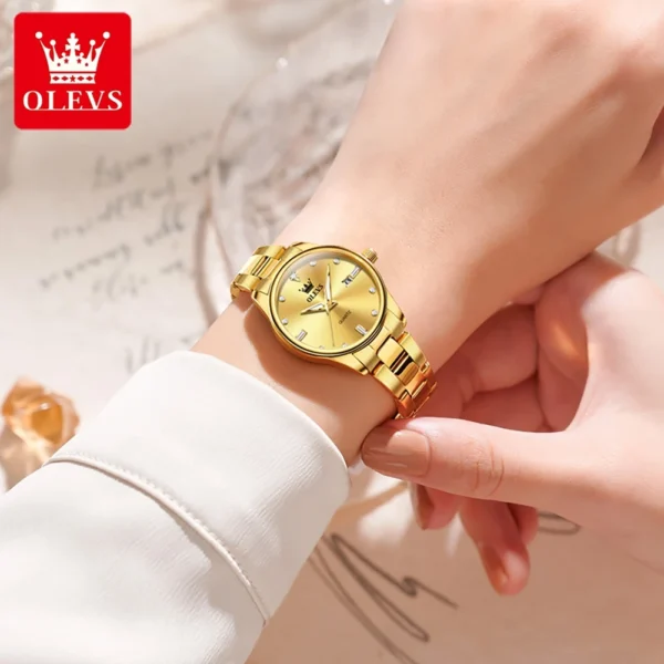 OLEVS Elegant  Fashion Brand Women's Watches Gold Waterproof cCalendar Quartz Watch for Lady Stainless Steel Original Wristwatch - Image 3