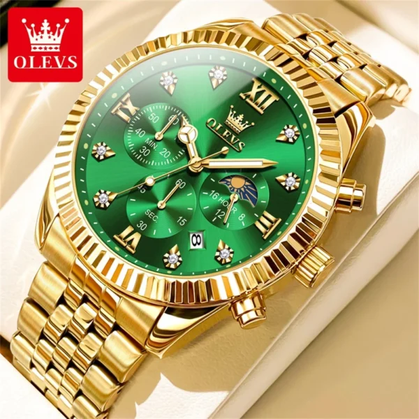 OLEVS Brand Luxury Original Men's Watches Waterproof Moon Phase Quartz Watch Luminous Gold Stainless Steel Strap Male Wristwatch - Image 7
