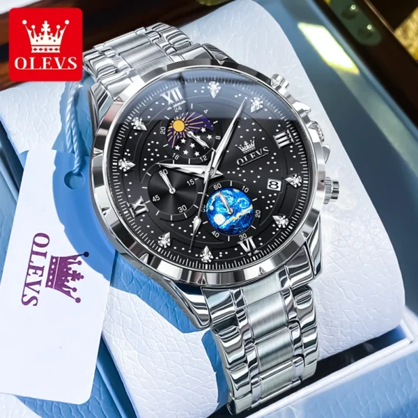 OLEVS Trend Men's Watches Moon Phase Luminous Starry Sky Dial Quartz Watch Waterproof Calendar Fashion Original Male Wristwatch - Image 8