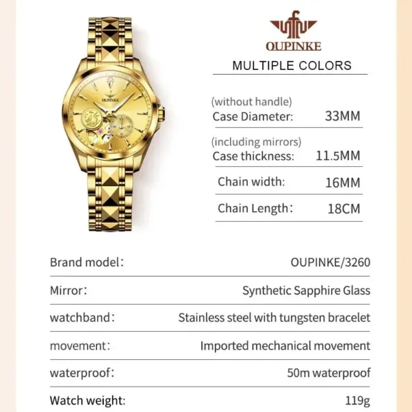 OUPINKE 3260 Women's Watches Imported Japan Movements（MIYOTA）Tungsten steel Tape Luxury Waterproof Chronograph Ladies Watch Set - Image 5