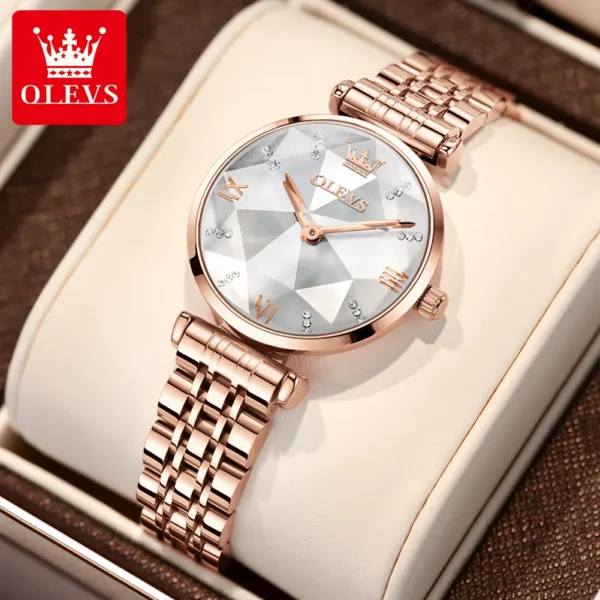 OLEVS 6642 Women Watch Luxury Rose Gold Diamond Watch Waterproof Watch Elegant Luxury Rhombus Glass Women Watch Bracelet Set - Image 10