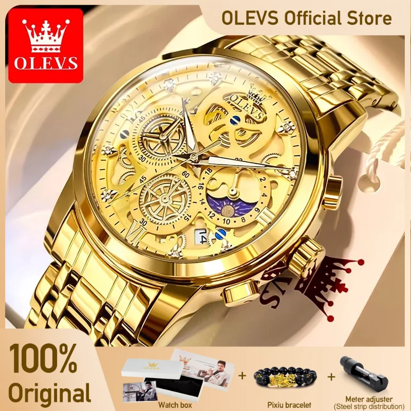 OLEVS Men’s Watches Top Brand Luxury Original Waterproof Quartz Watch for Man Gold Skeleton Style 24 Hour Day Night New