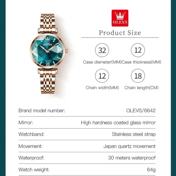 OLEVS 6642 Women Watch Luxury Rose Gold Diamond Watch Waterproof Watch Elegant Luxury Rhombus Glass Women Watch Bracelet Set - Image 6