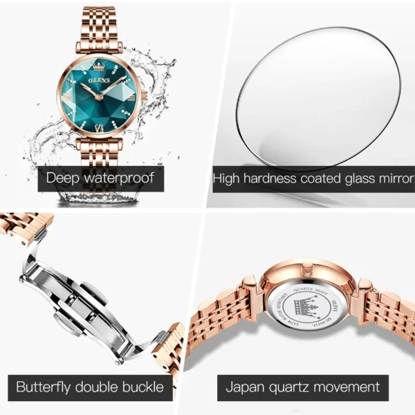 OLEVS 6642 Women Watch Luxury Rose Gold Diamond Watch Waterproof Watch Elegant Luxury Rhombus Glass Women Watch Bracelet Set - Image 4