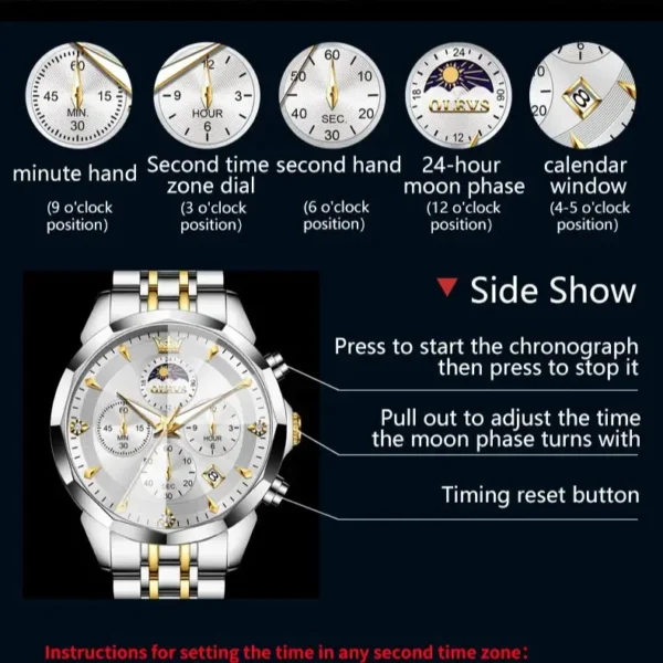 OLEVS 3673 Men Watch Original Quartz Watch Rhombus Mirror Automatic Date Waterproof Moonphase Chronograph Top Luxury Men Watch - Image 4