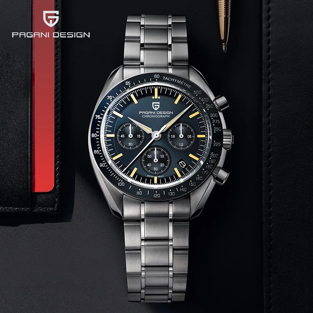 PAGANI DESIGN 2025 New Moon Men’s Watches Luxury Quartz Watch For Men VK63 Chronograph AR Sapphire Mirror Ceramic Bezel Luminous