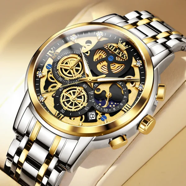 OLEVS Men's Watches Top Brand Luxury Original Waterproof Quartz Watch for Man Gold Skeleton Style 24 Hour Day Night New - Image 8