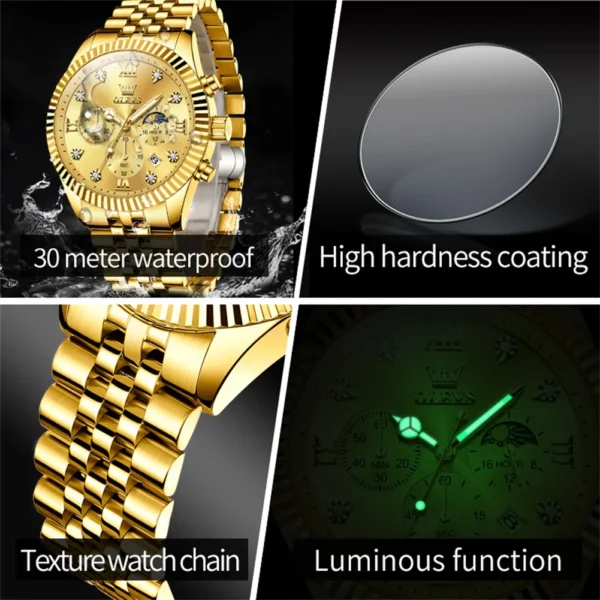 OLEVS Brand Luxury Original Men's Watches Waterproof Moon Phase Quartz Watch Luminous Gold Stainless Steel Strap Male Wristwatch - Image 5