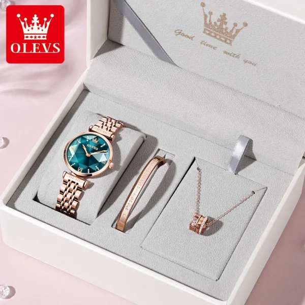 OLEVS 6642 Women Watch Luxury Rose Gold Diamond Watch Waterproof Watch Elegant Luxury Rhombus Glass Women Watch Bracelet Set - Image 12