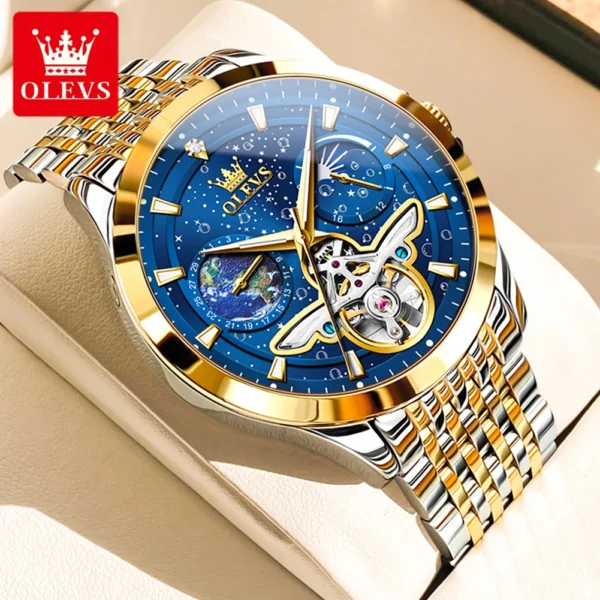 OLEVS Luxury Brand Men's Watches Luminous Waterproof Fully Automatic Mechanical Watch Starry Sky Dial Moon Phase Hollow Out - Image 9