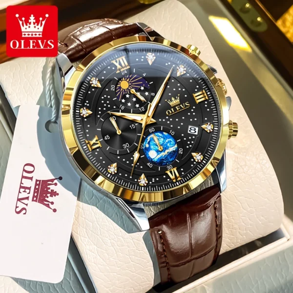 OLEVS Trend Men's Watches Moon Phase Luminous Starry Sky Dial Quartz Watch Waterproof Calendar Fashion Original Male Wristwatch - Image 10