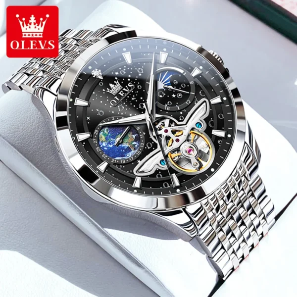 OLEVS Luxury Brand Men's Watches Luminous Waterproof Fully Automatic Mechanical Watch Starry Sky Dial Moon Phase Hollow Out - Image 7