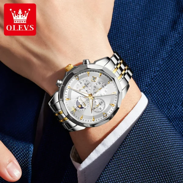 OLEVS 3673 Men Watch Original Quartz Watch Rhombus Mirror Automatic Date Waterproof Moonphase Chronograph Top Luxury Men Watch - Image 3