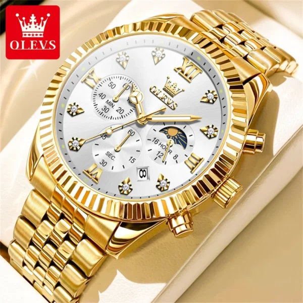 OLEVS Brand Luxury Original Men's Watches Waterproof Moon Phase Quartz Watch Luminous Gold Stainless Steel Strap Male Wristwatch - Image 8
