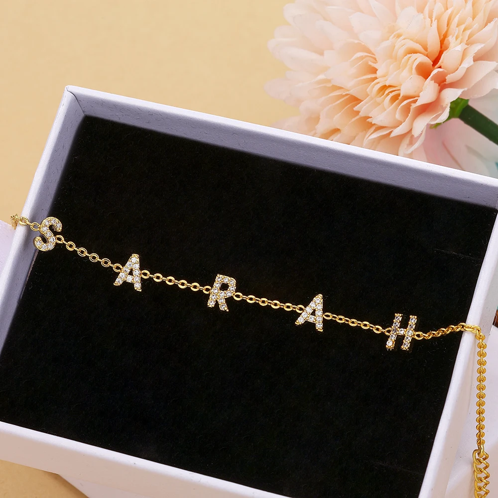 DODOAI Custom 6mm Zircon Letter Bracelet Personalized Crystal Shining DIY Name Jewelry A-Z 26 Gold Letter Pendant Bracelet Gift