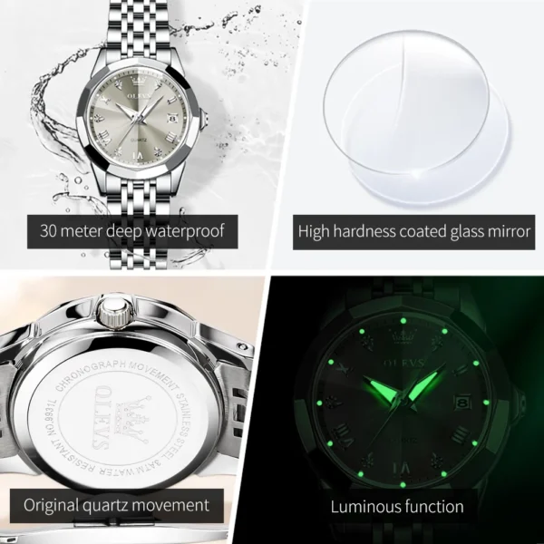 OLEVS Elegant Fashion Women's Watches Luxury Brand Original Quartz Watch for Ladies Waterproof Stainless Steel Luminous Date - Image 5