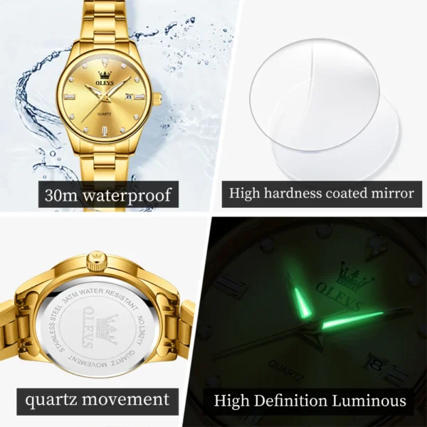 OLEVS Elegant  Fashion Brand Women's Watches Gold Waterproof cCalendar Quartz Watch for Lady Stainless Steel Original Wristwatch - Image 5