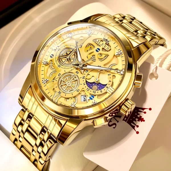 OLEVS Men's Watches Top Brand Luxury Original Waterproof Quartz Watch for Man Gold Skeleton Style 24 Hour Day Night New - Image 11