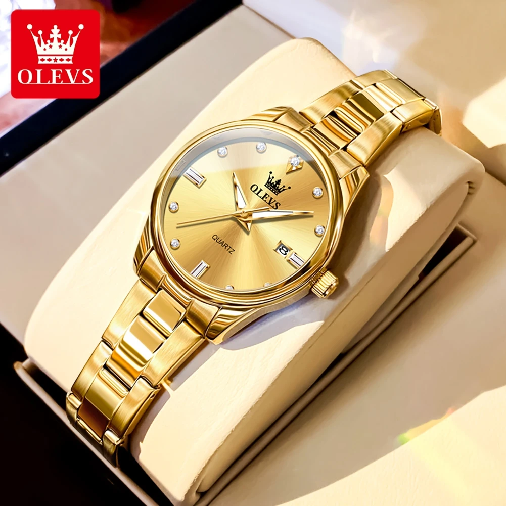 OLEVS Elegant  Fashion Brand Women’s Watches Gold Waterproof cCalendar Quartz Watch for Lady Stainless Steel Original Wristwatch