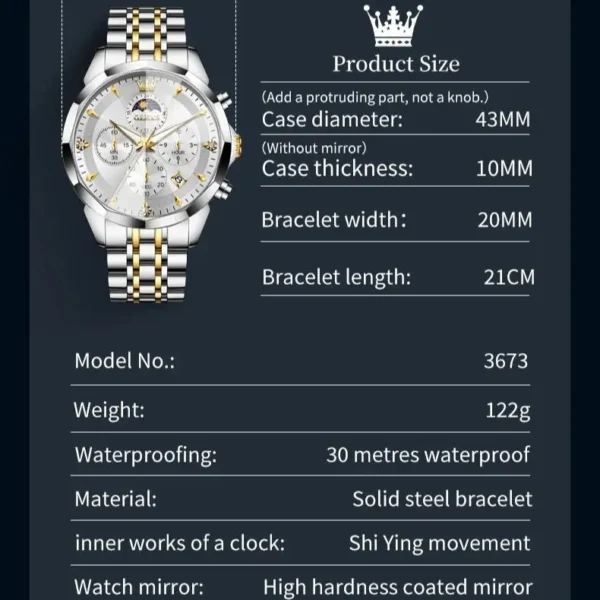 OLEVS 3673 Men Watch Original Quartz Watch Rhombus Mirror Automatic Date Waterproof Moonphase Chronograph Top Luxury Men Watch - Image 6