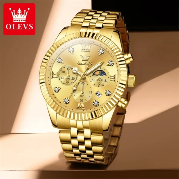 OLEVS Brand Luxury Original Men's Watches Waterproof Moon Phase Quartz Watch Luminous Gold Stainless Steel Strap Male Wristwatch - Image 4