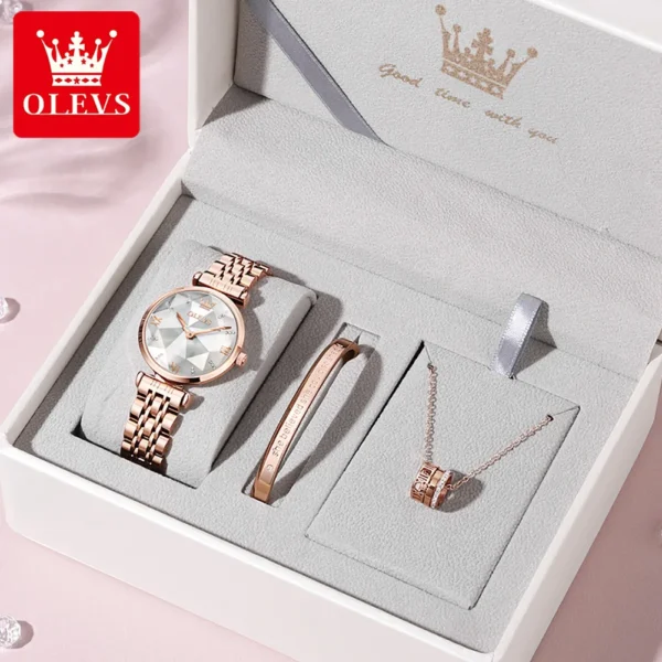OLEVS 6642 Women Watch Luxury Rose Gold Diamond Watch Waterproof Watch Elegant Luxury Rhombus Glass Women Watch Bracelet Set - Image 9