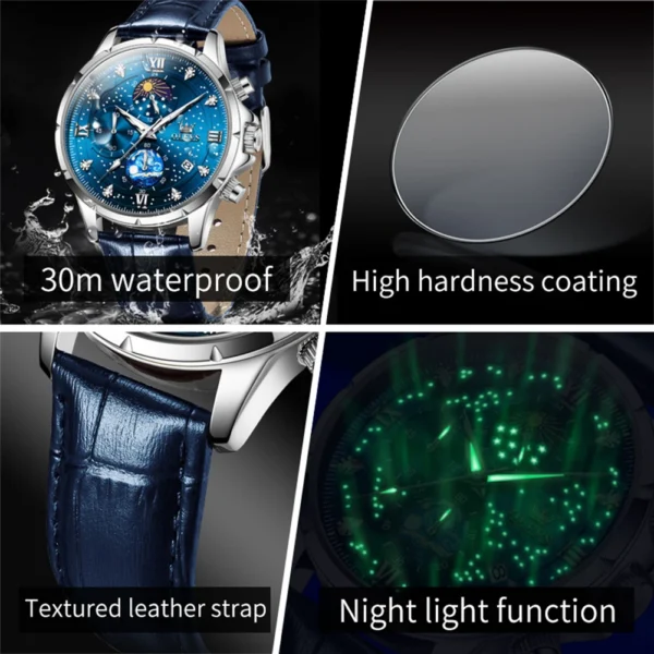 OLEVS Trend Men's Watches Moon Phase Luminous Starry Sky Dial Quartz Watch Waterproof Calendar Fashion Original Male Wristwatch - Image 5